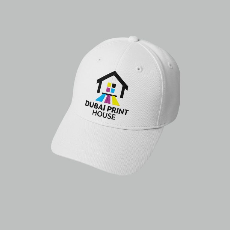 White cap with colorful Dubai Print House logo printed on the front