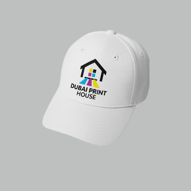 White cap with colorful Dubai Print House logo printed on the front